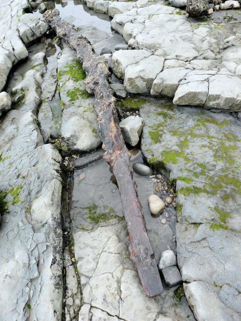 A detached single length of corroded iron rail track from the old cement workings on Monmouth Beach, Lyme Regis, Dorset - part of the Jurassic Coast. 