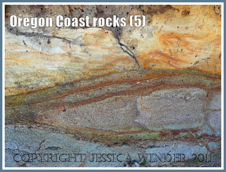 Abstract geological image of the natural colours and patterns in soft sedimentary rock at the head of the beach near Yachats on the Oregon Coast, U.S.A. (5)