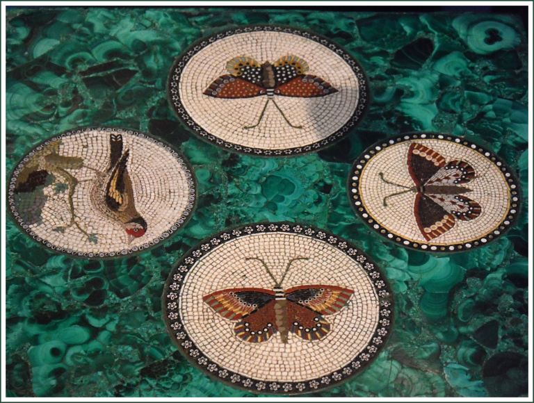 Early 19th century micromosaic pictures of butterflies set on a green malachite block