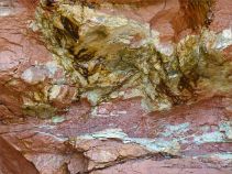 Different colours and textures in layers of Triassic rock in the cliff at Waterside Beach, New Brunswick.