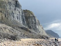View of cliffs and rock fall on the eastern half of Charmouth Beach in Dorset