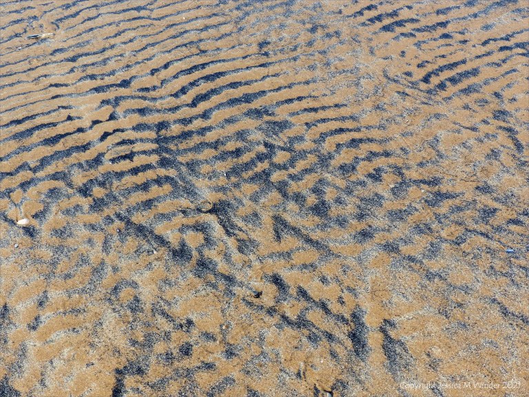 Patterns of black detritus on intertidal sand