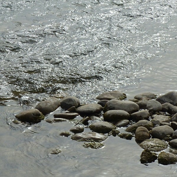 Rough and smooth river water textures separated by bankside pebbles
